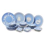 Wedgwood green and light blue jasperware plates, and dishes, some commemorative. (a quantity)