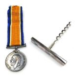 A World War I British war medal, named to E.R.A.A.R.W, 2121, and a silver corkscrew, Birmingham 199