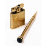 A Sampson Mordan and Company gold plated propelling pencil, with a monogrammed seal terminal, togeth