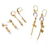 Three pairs of gold drop earrings, two set with cultured pearls, 7.8g.