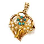 A 15ct gold seed pearl and turquoise pendant brooch, of leaf and triple floral form, 4.2g.