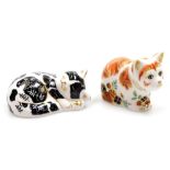Two Royal Crown Derby porcelain cat paperweights, Spice, gold stopper and red printed marks, 6cm hig