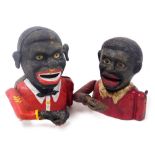 Two replica cast iron Jolly money boxes, 14cm and 13cm high.