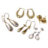Five pairs of gold earrings, one set with cultured pearls and diamonds, 6.1g.