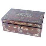 A carved Victorian rosewood and mother of pearl writing box, the top with palm tree and deer inlay,