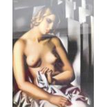 A framed photographic print of a female nude, in Deco style backdrop, 35cm x 27cm, mounted, framed a