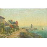 19thC School. Harbour and lighthouse scene, oil on canvas, 18.5cm x 29cm, in gilt frame. (AF)