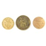 A George III style token, stamped Fattorini Goldsmith, Harrogate, another similar and a Victorian pe