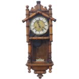 A 19thC walnut wall clock, of simulated bamboo form, with a gilt and cream Roman numeric dial, thirt