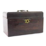 A late 19thC plain rosewood tea caddy, with a brass swing handle and escutcheon, and a three section