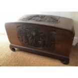 An early 20thC carved camphor wood blanket chest, 55cm high, 92cm wide, 47cm deep.