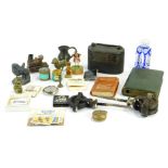 A group of trinkets, comprising a Lincoln Savings Bank home safe, miniature pewter tankard, blue and