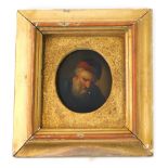 19thC School. An oval portrait miniature of a gentleman, in red head scarf, oil on board, 8.5cm x 8c