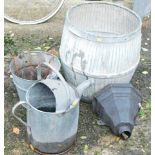 A group of galvanised wares, comprising of galvanised buckets and a drain hopper