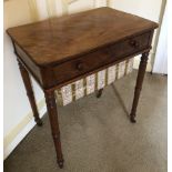 A Victorian mahogany work table, with flamed and moulded rectangular top, frieze drawer with knob ha