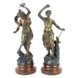 After Ruchet. A pair of bronzed spelter figures, depicting maiden and blacksmith, entitled La Paix a