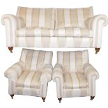 A Duresta sofa suite, comprising a two seater sofa and two armchairs, each with a gold and cream uph