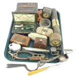 A group of Edwardian and later trinkets and accessories, comprising mahogany cased sewing kit, nut c