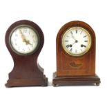 Two Edwardian mantel clocks, comprising a arched top example with parquetry inlay and Roman numeric