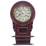 A reproduction mahogany wall clock, with a cream and brass Roman numeric dial, with thirty hour move