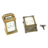 Two brass carriage clocks, comprising a 20thC brass carriage clock, with white enamel Roman numeric