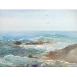 20thC School. Rough seascape with birds, oil on canvas, 27cm x 36cm, framed and glazed.