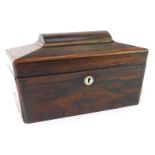 A 19thC rosewood sarcophagus shaped tea caddy, with a domed and canted top, with mother of pearl esc