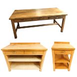 A solid beech kitchen table, with frieze drawers, 78cm high, 176cm wide, 82cm deep and two similar c