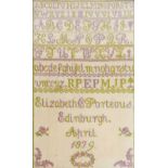 A Victorian alphabet sampler by Elizabeth C Porteous, Edinburgh, April 1879, 51.5cm x 31cm.