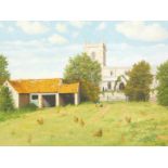 Brian C Ward (20thC School). Colsterworth Church and barns, oil on board, signed and dated 1997, 30c