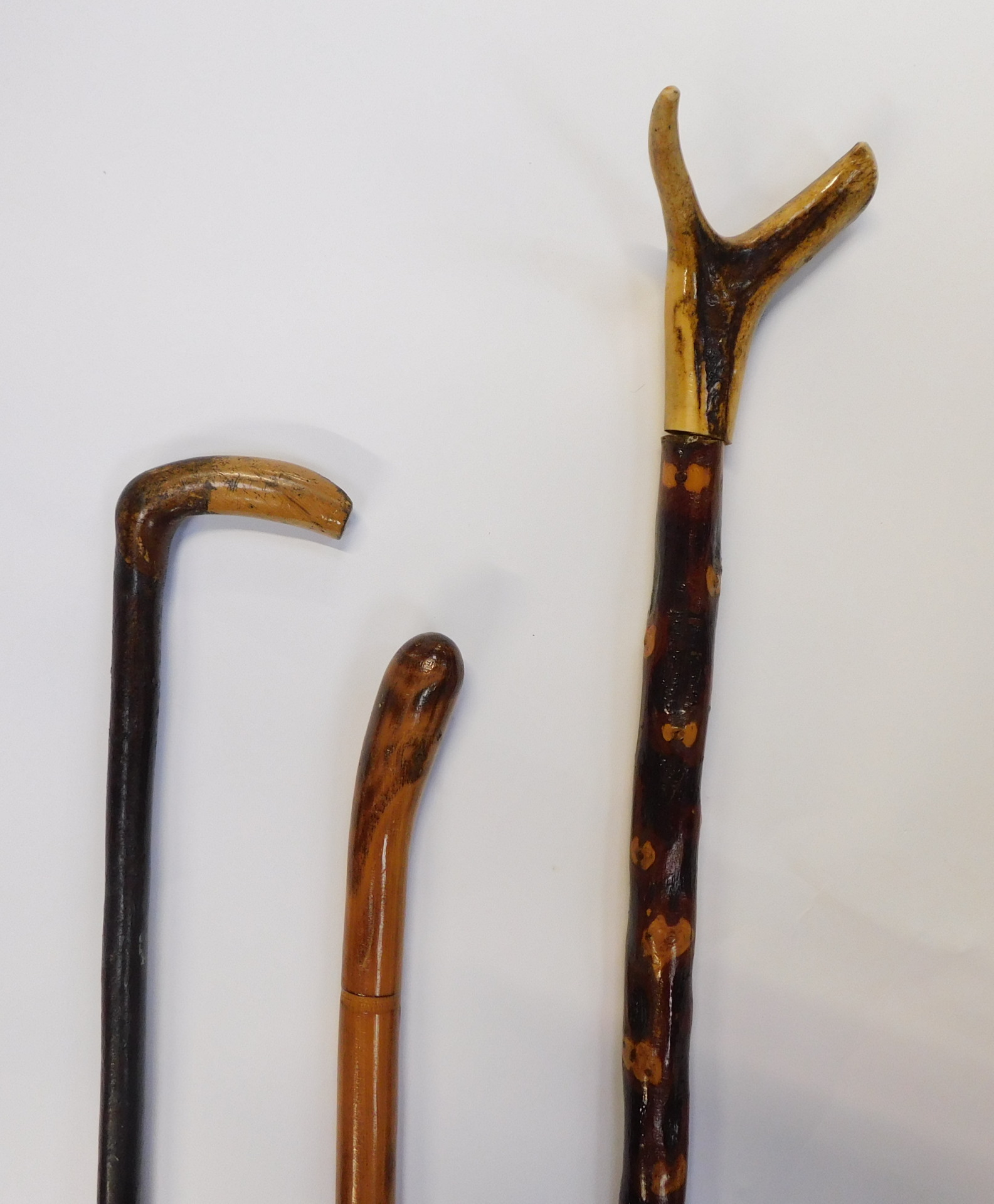 Three walking sticks, comprising a horn handled hiking stick, 133cm long, and two turned examples. (