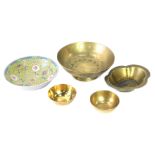 A group of Chinese wares, comprising yellow ground bowl, large Eastern brass bowl, 26cm diameter, pa