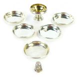 A set of five Victorian silver pin dishes, 6.5cm diameter, London 1873, small silver rose bowl and a