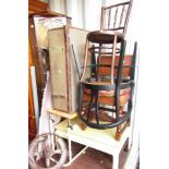 A group of furniture, comprising pictures, corner cabinet, rug, wheel, trunk, table, chairs, etc. (a
