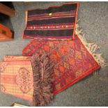 A Chinese wool cut rug and two Eastern throws.