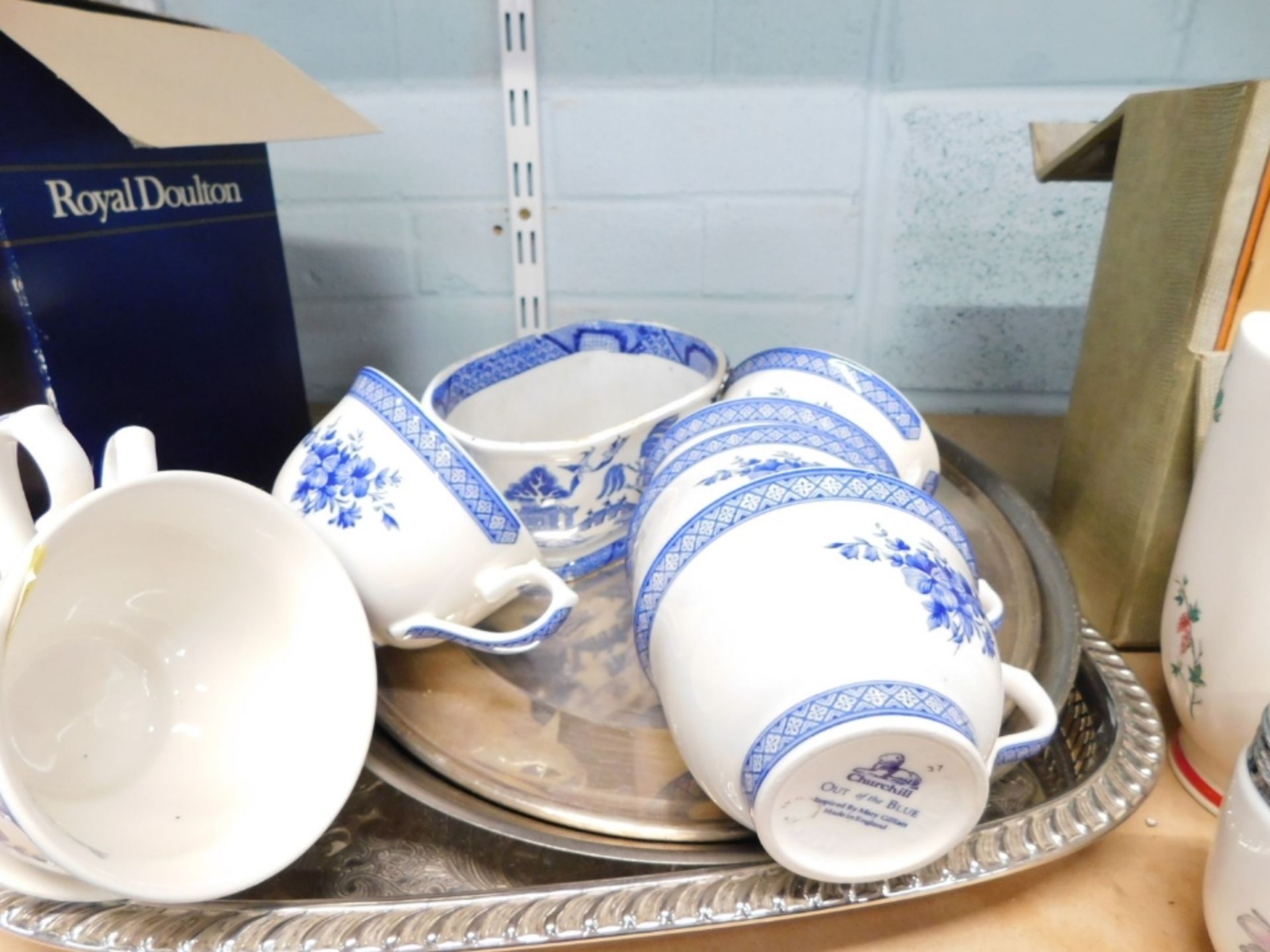 A silver plated ware galleried edge tray, Churchill blue and white china. (a quantity)