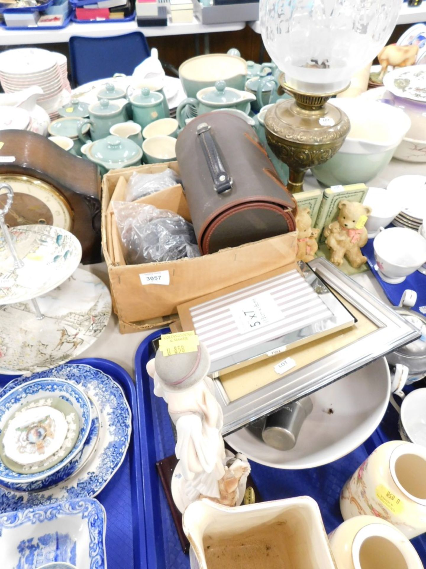 China and effects, bowls, figure group, photo frames, bear book ends. (1 trays and other)