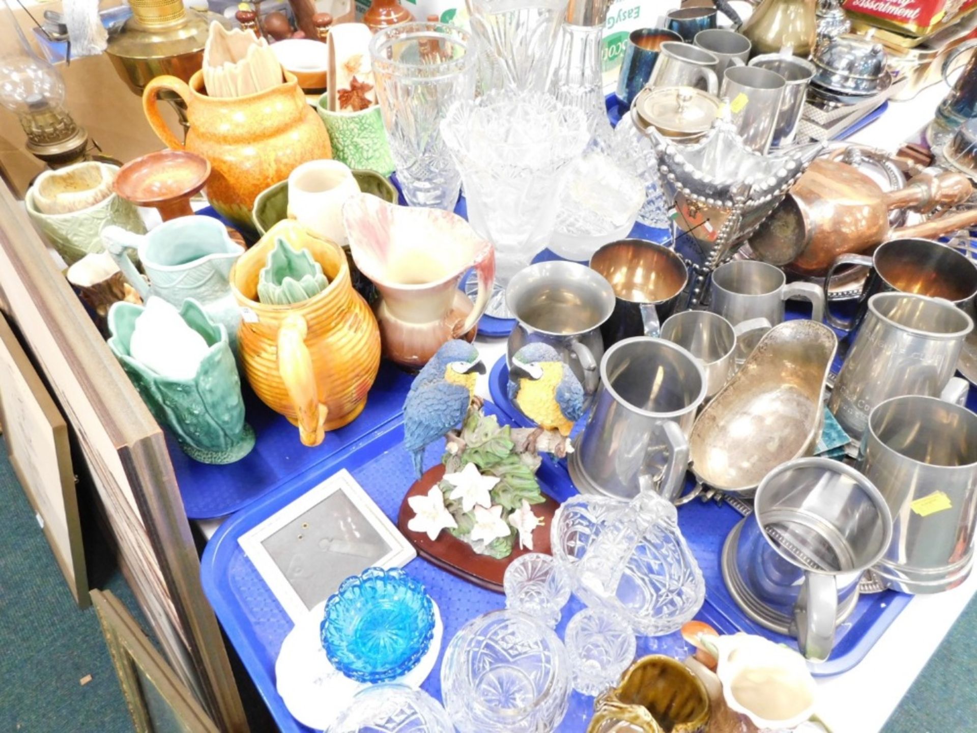 Various metalware, pewter, moulded glassware, celery vase, Paris ornaments, decorative baskets, Horn