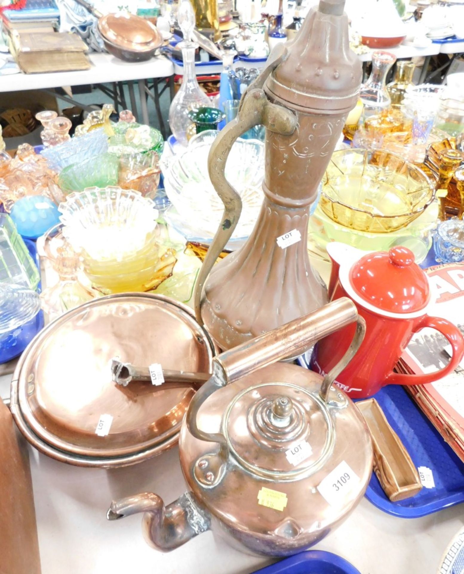 Various copper, Eastern part jug, copper kettle and warming pan. (3)