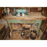An old pine work bench fitted a drawer, electric and manual grinder and contents of drawer, (does no