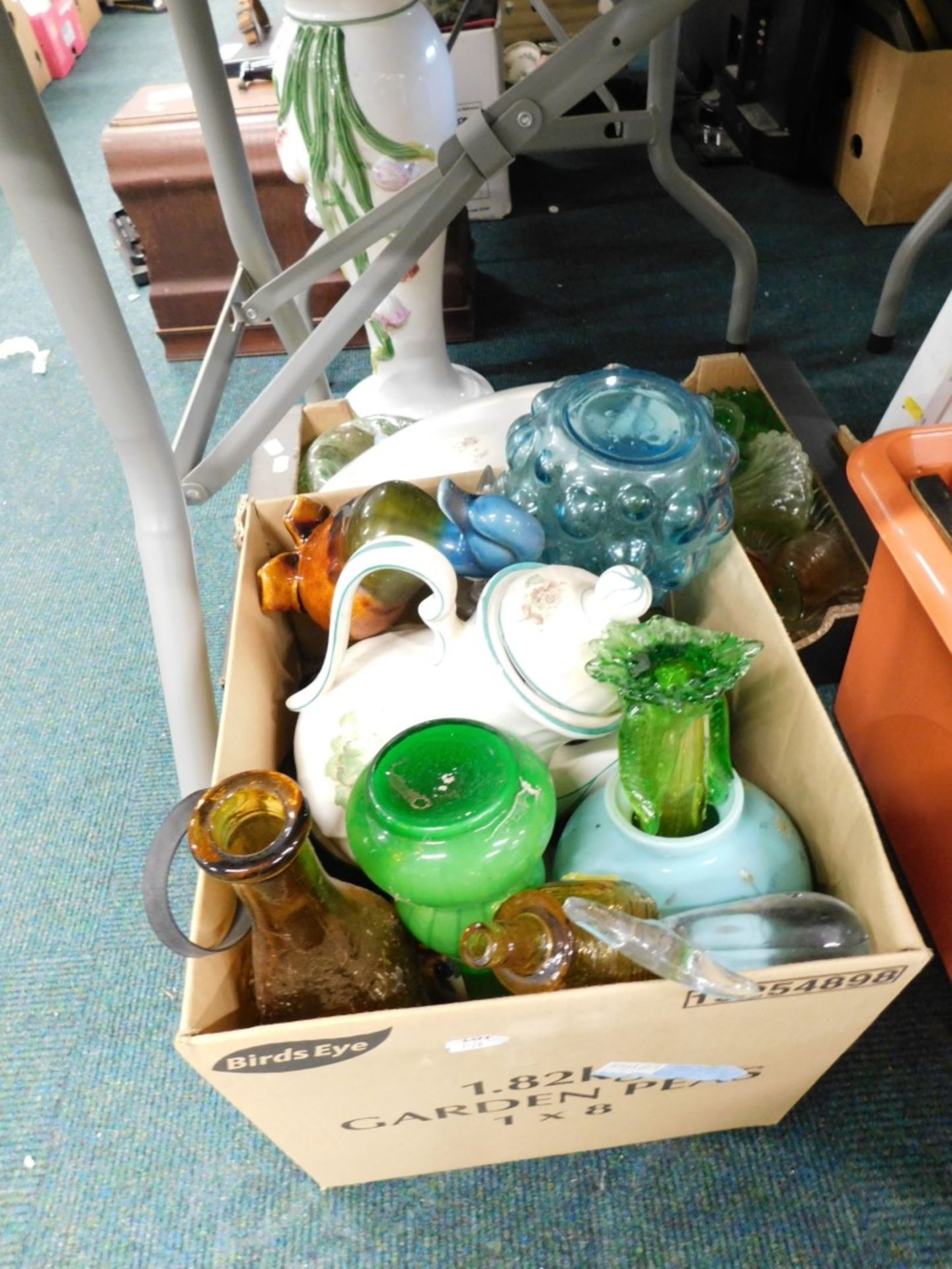 A jardiniere, cut glassware, various coffee pots, decorative glassware, duck ornament, etc. (a quant