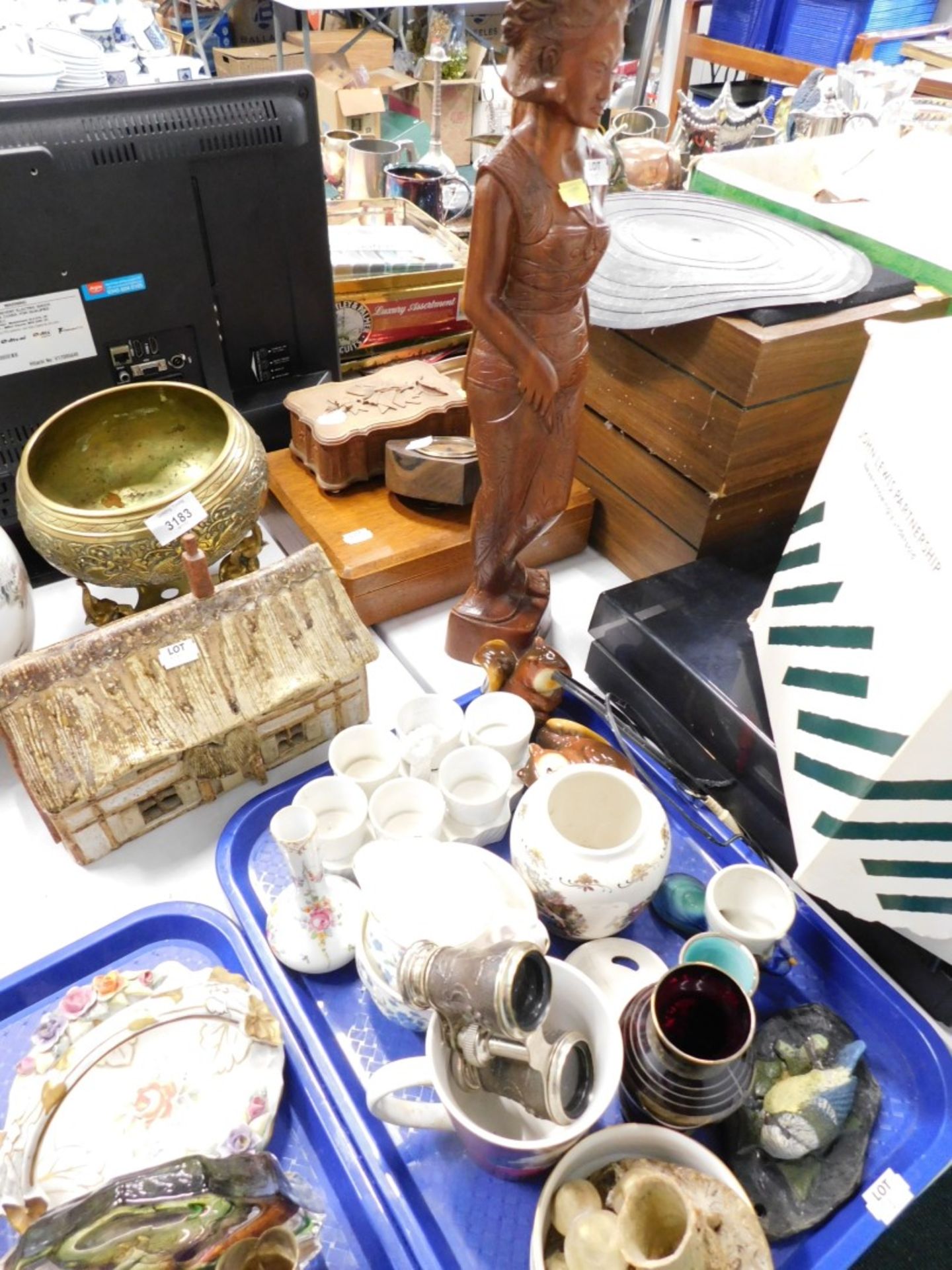 A oak cutlery box, various other treen, heart shaped clock, various pottery and effects, standing tr