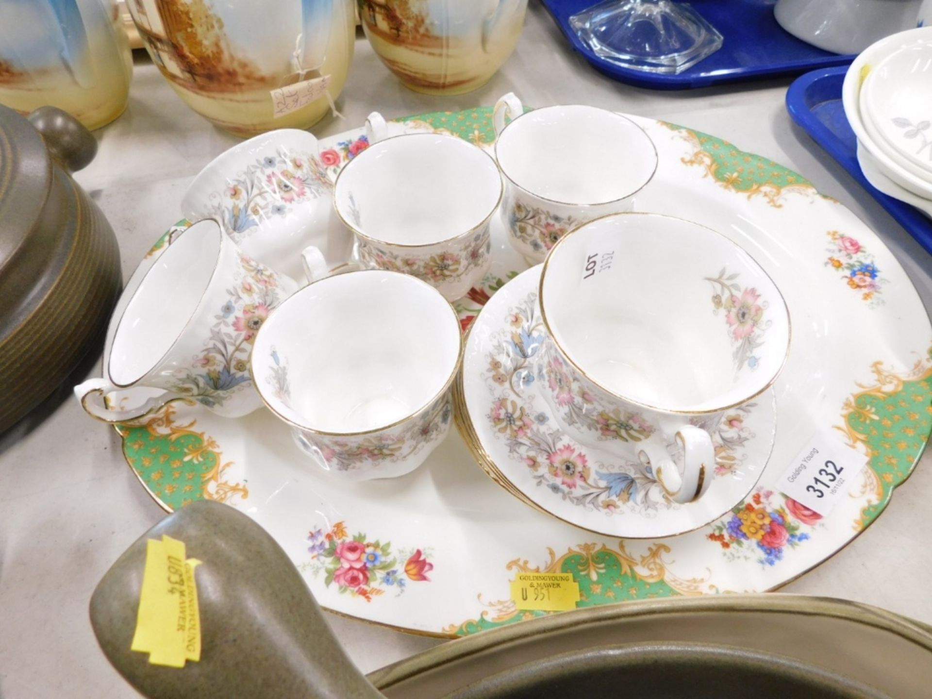 A Paragon Meadowvale part tea service, and a large Paragon serving plate.