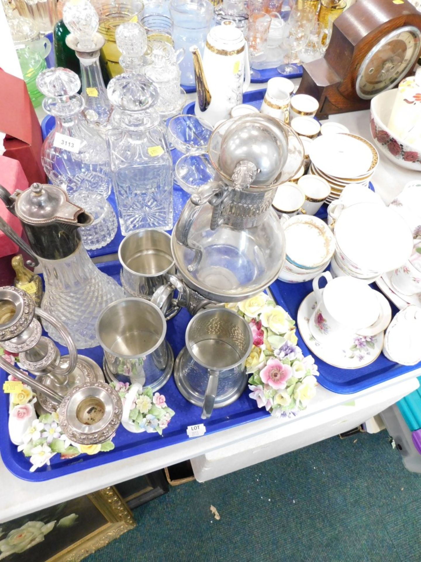 Various cut glassware decanters, Babycham glasses, pewter tankard, part services to include Cusins a