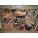Various hand tools, chisels, hatchet sundry metalware and equipment. (One shelf below lot 1076 and