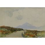 Roland Harrison (19thC). Scottish scene, figures on a path before mountain landscape, watercolour, s
