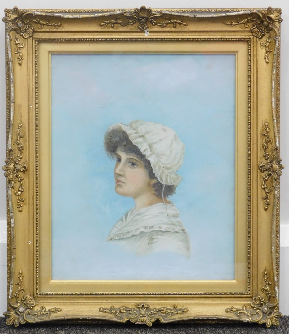 19thC School. Portrait of a lady wearing bonnet, oil on a Winsor & Newton canvas, unsigned, 27cm x 2 - Image 2 of 3