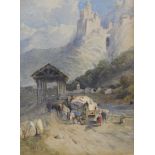 19thC School. Figures and horse and cart before tunnel with castle on a hillside, watercolour, unsig