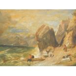 19thC School. Seascape, figures pulling wreckage from rough waters before rocks, oil on canvas, unsi