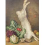 J. Envert (19thC). Still life, dead game hare and vegetables on a table, oil on canvas, indistinctly
